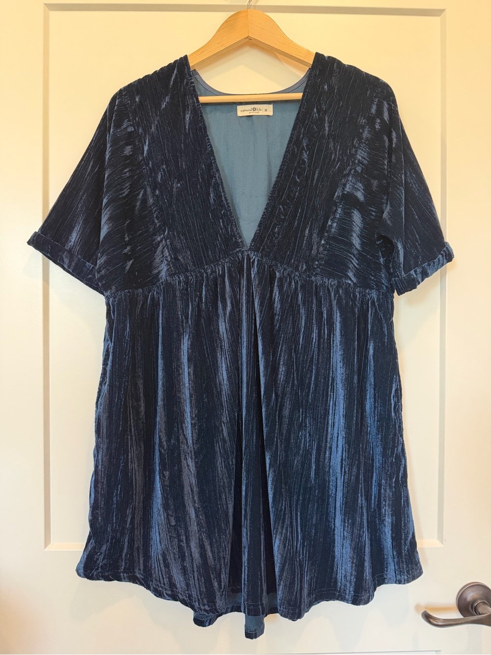Natural Life crushed velvet V neck tunic navy blue dress cottagecore boho sz M